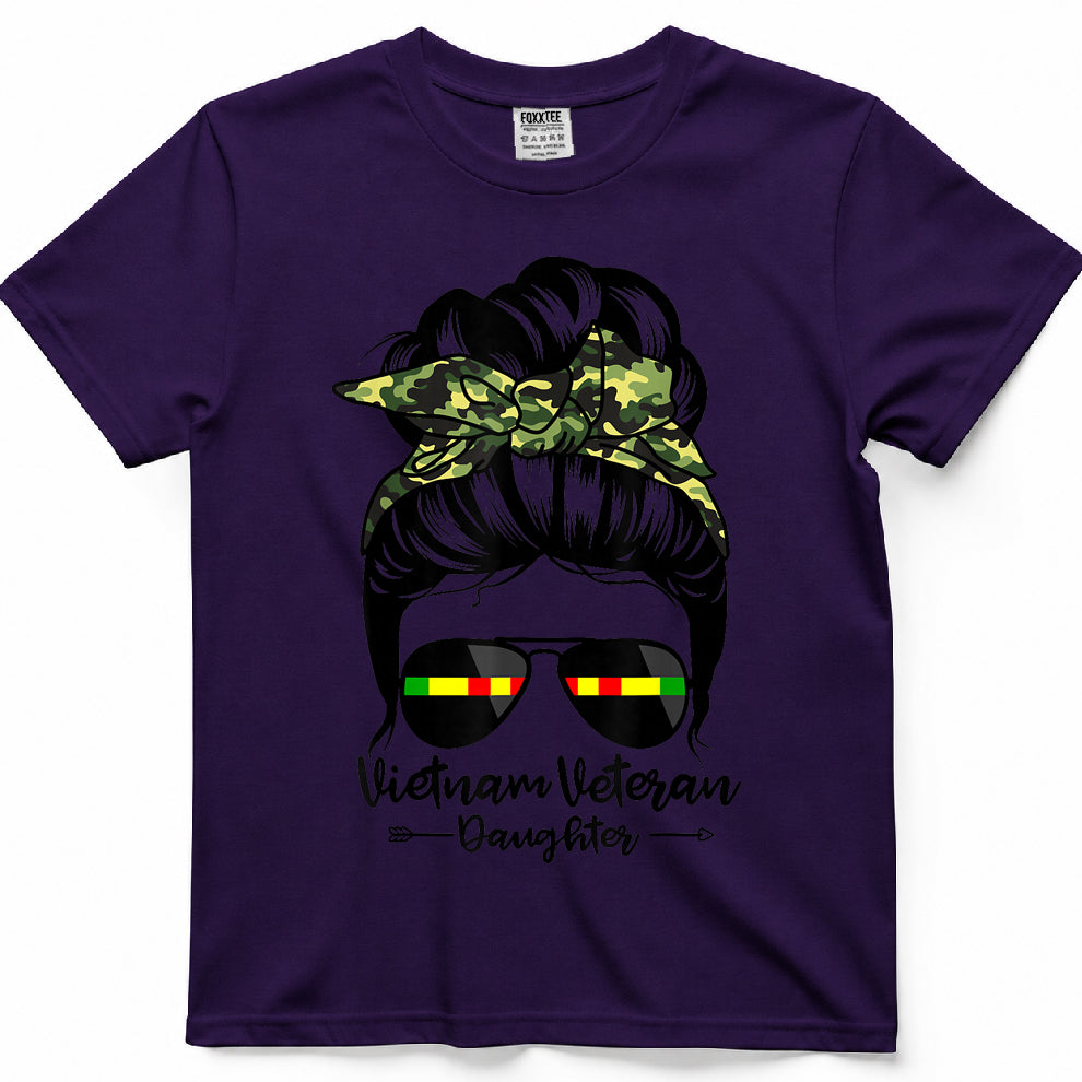 Vietnam Veteran Daughter Messy Bun Hair Funny Veteran T-Shirt