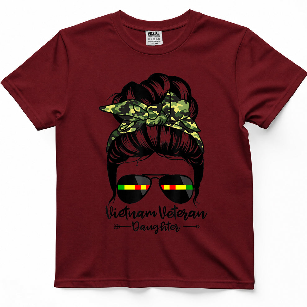 Vietnam Veteran Daughter Messy Bun Hair Funny Veteran T-Shirt