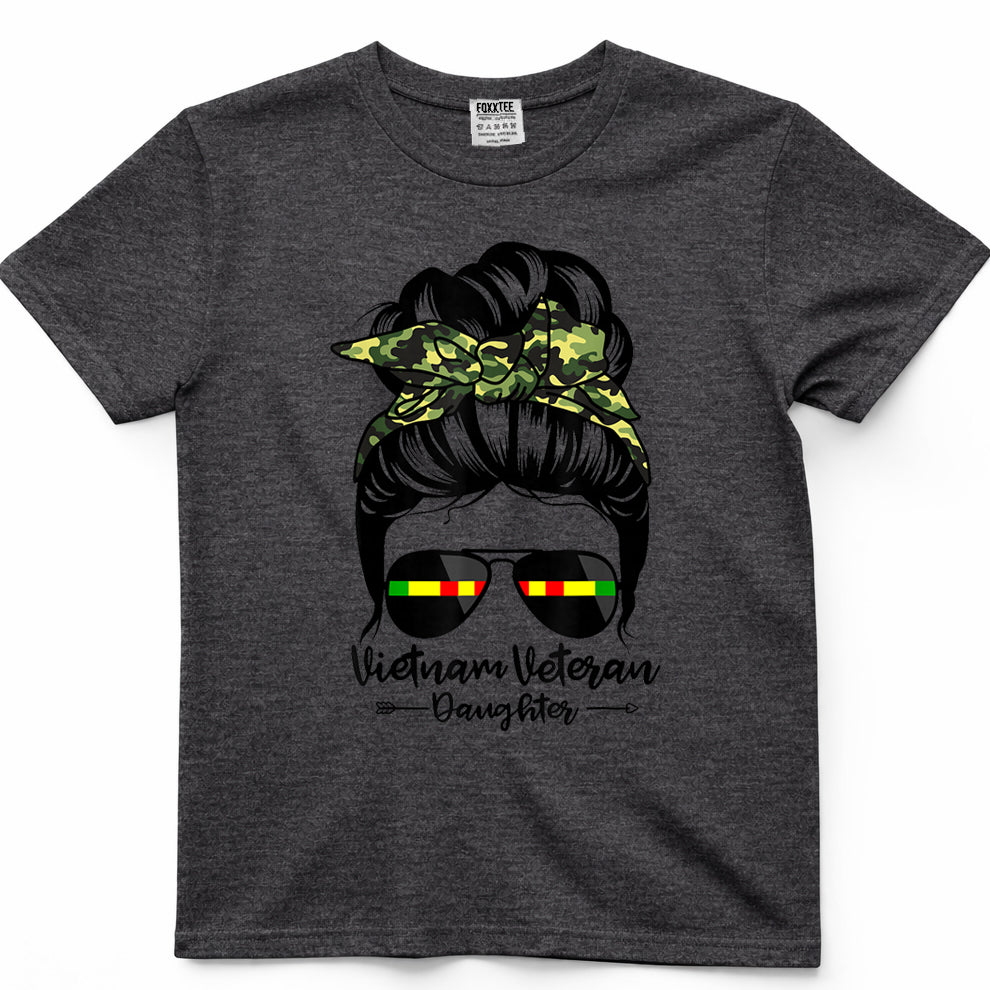 Vietnam Veteran Daughter Messy Bun Hair Funny Veteran T-Shirt