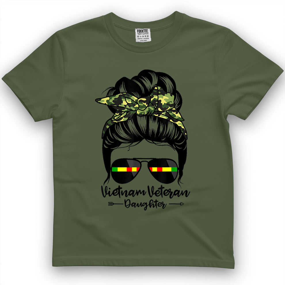 Vietnam Veteran Daughter Messy Bun Hair Funny Veteran T-Shirt