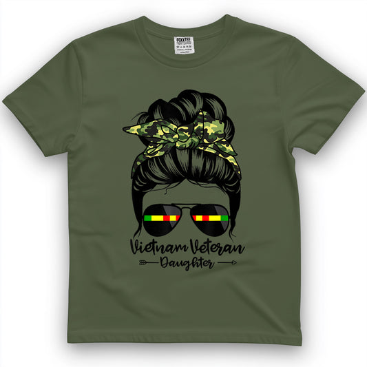 Vietnam Veteran Daughter Messy Bun Hair Funny Veteran T-Shirt