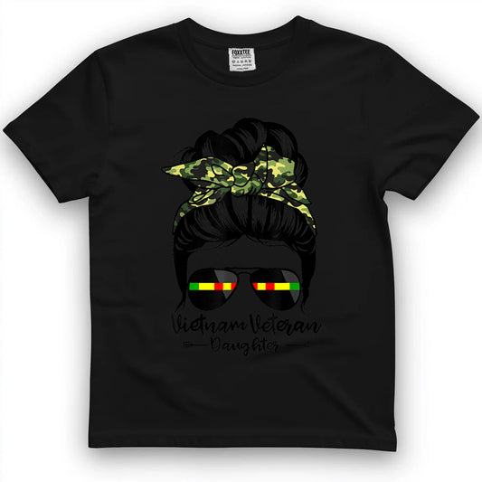 Vietnam Veteran Daughter Messy Bun Hair Funny Veteran T-Shirt